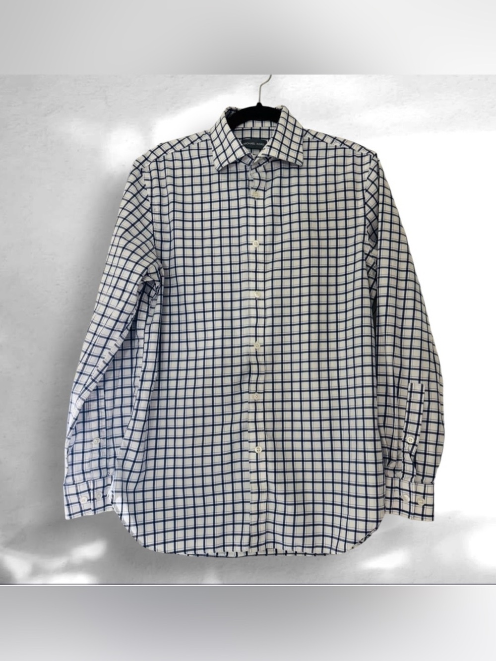 MICHAEL KORS  Men’s White Dress Shirt with Blue Windowpane Check.
